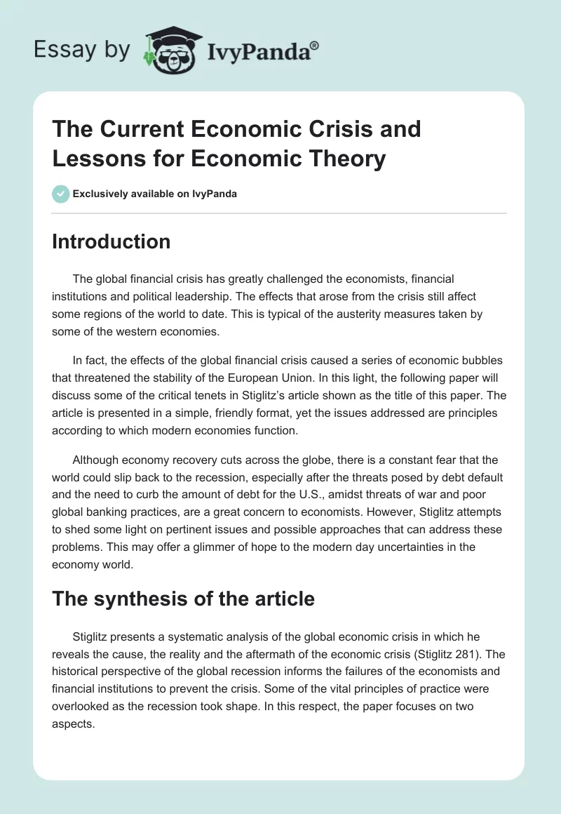 The Current Economic Crisis and Lessons for Economic Theory. Page 1