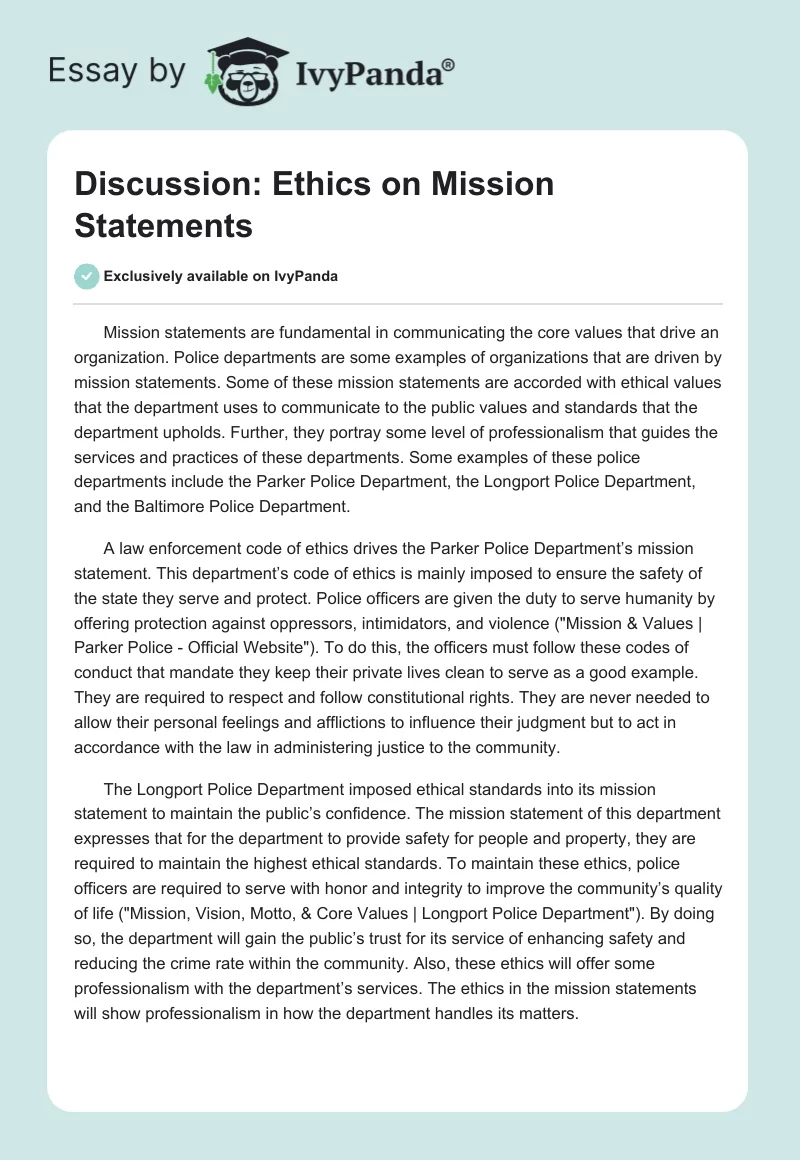 Discussion: Ethics on Mission Statements. Page 1