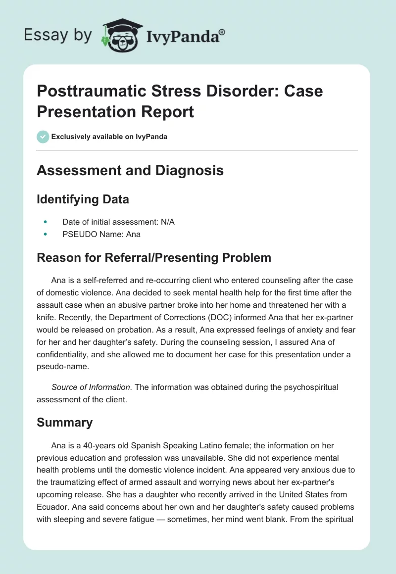 Posttraumatic Stress Disorder: Case Presentation Report. Page 1