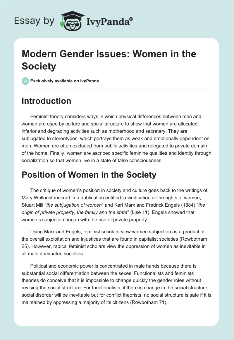Modern Gender Issues: Women in the Society. Page 1