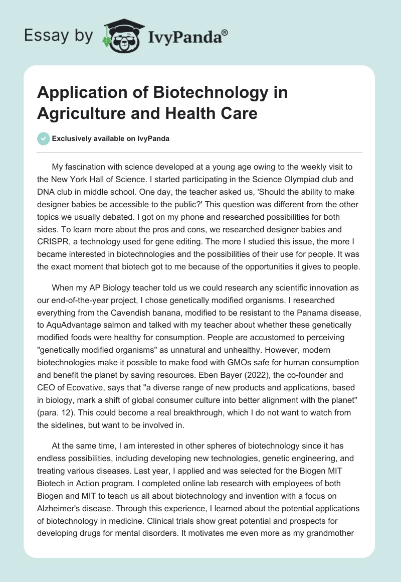 Application of Biotechnology in Agriculture and Health Care. Page 1
