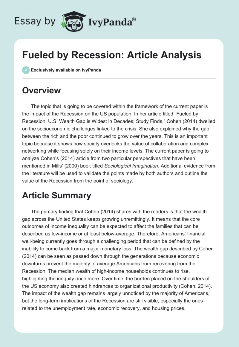 Fueled by Recession: Article Analysis. Page 1