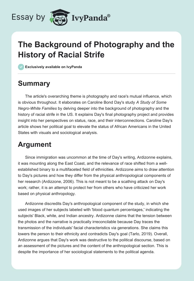 The Background of Photography and the History of Racial Strife. Page 1
