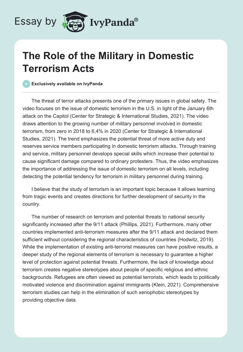 The Role of the Military in Domestic Terrorism Acts. Page 1