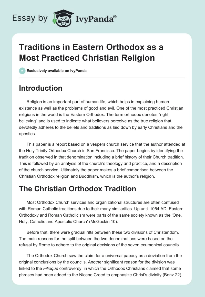 Traditions in Eastern Orthodox as a Most Practiced Christian Religion. Page 1