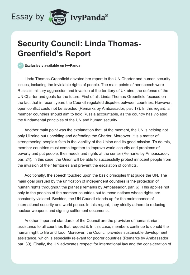 Security Council: Linda Thomas-Greenfield's Report. Page 1