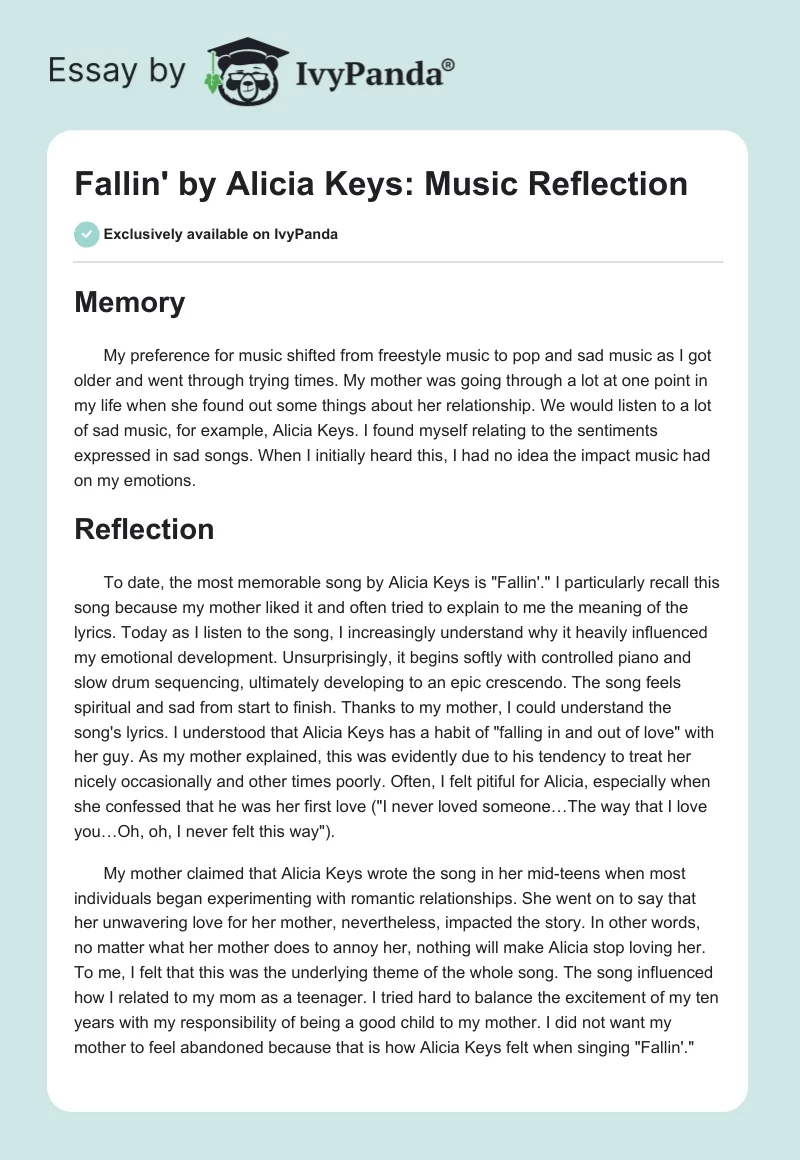 Fallin' by Alicia Keys: Music Reflection. Page 1