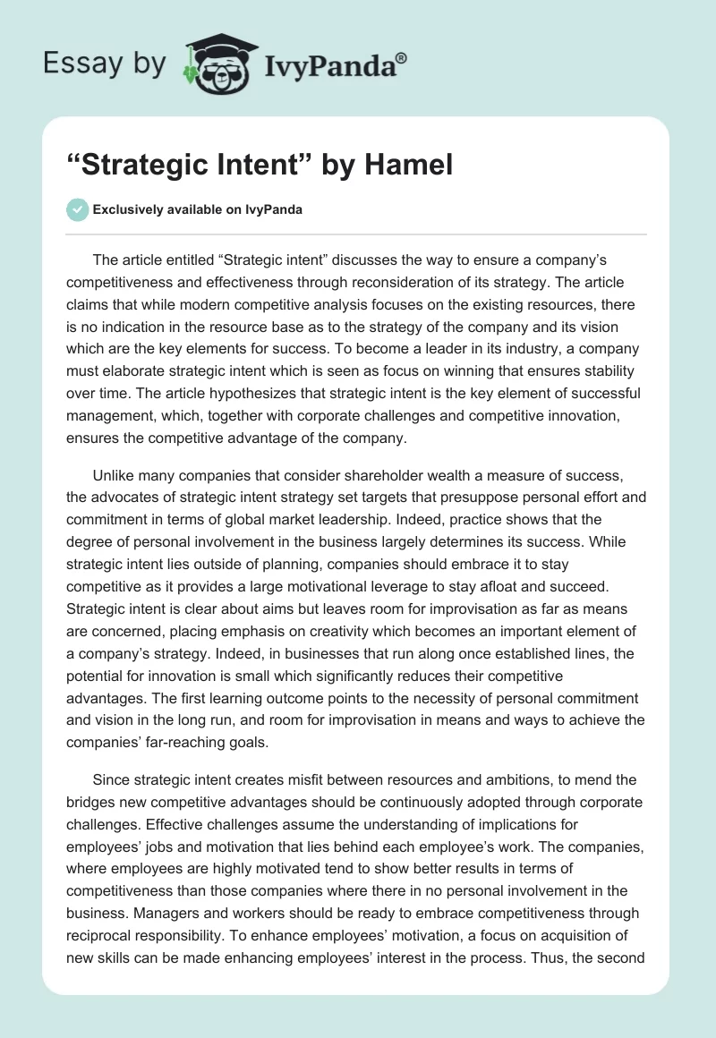 “Strategic Intent” by Hamel. Page 1