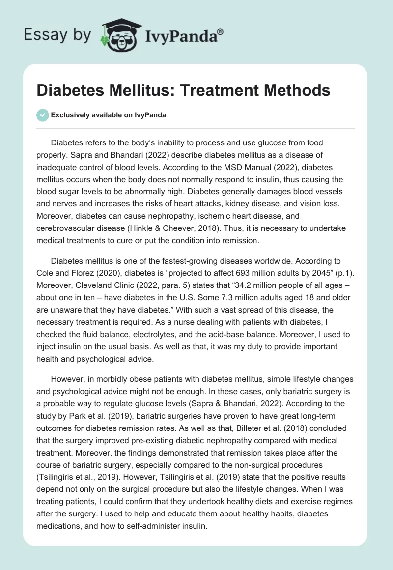 Diabetes Mellitus: Treatment Methods. Page 1
