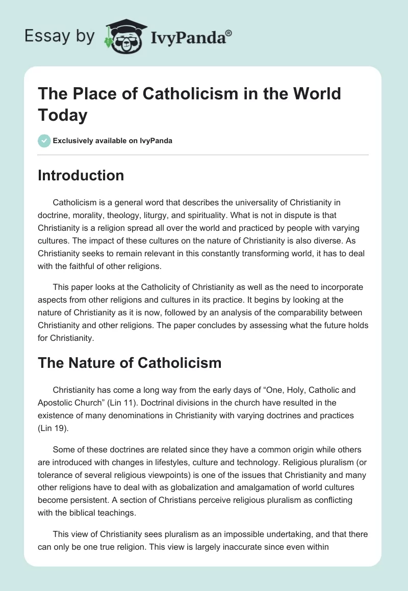 The Place of Catholicism in the World Today. Page 1