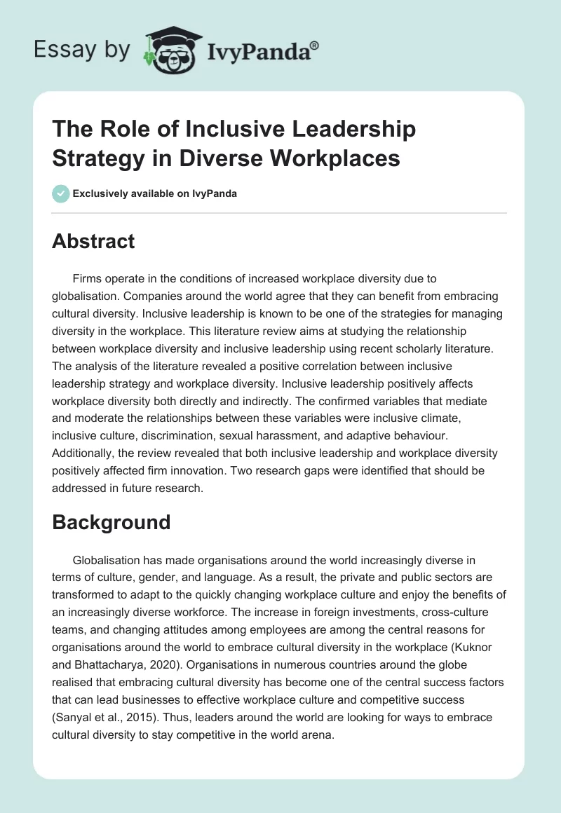 The Role of Inclusive Leadership Strategy in Diverse Workplaces. Page 1