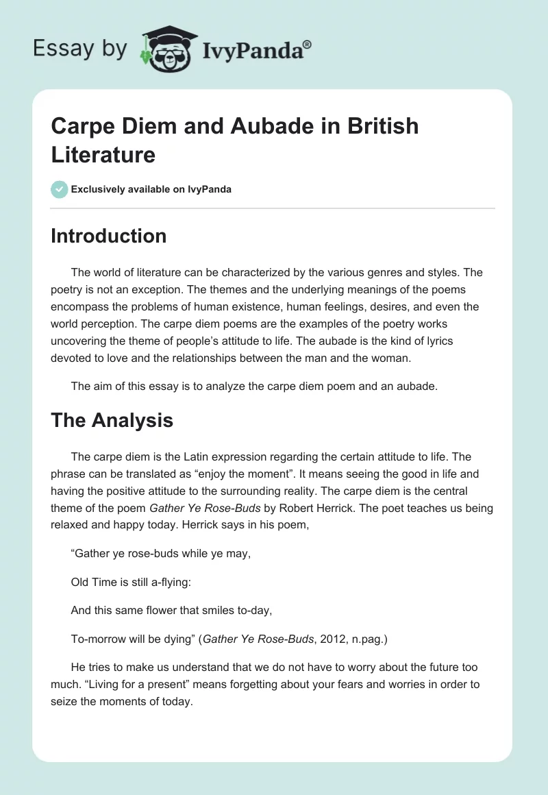 Carpe Diem and Aubade in British Literature. Page 1