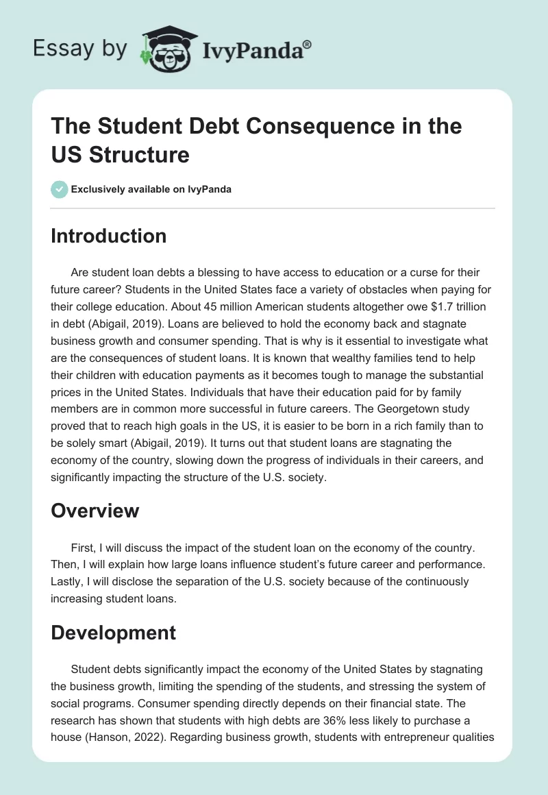 The Student Debt Consequence in the US Structure. Page 1