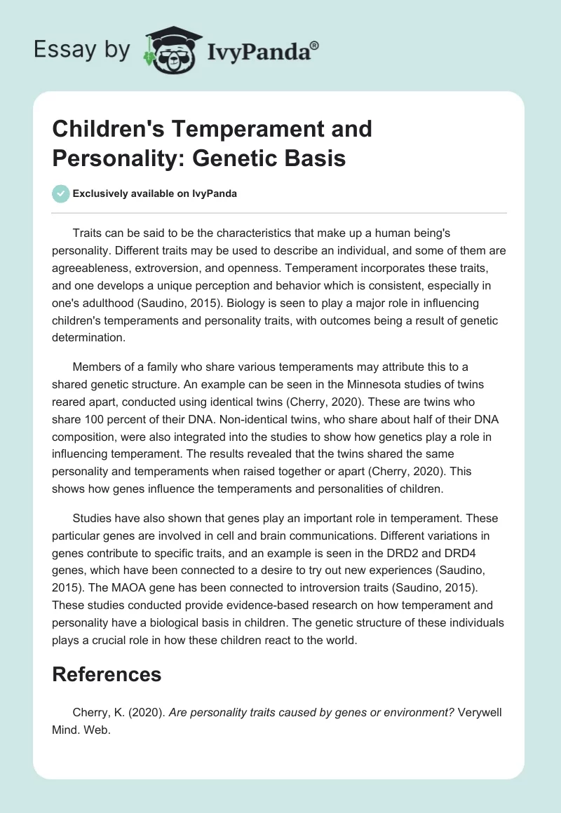 Children's Temperament and Personality: Genetic Basis. Page 1