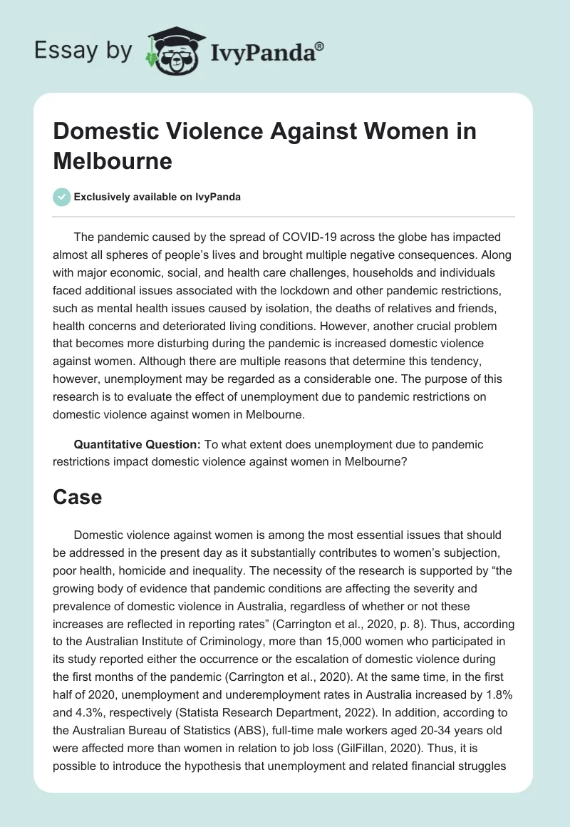 Domestic Violence Against Women in Melbourne. Page 1