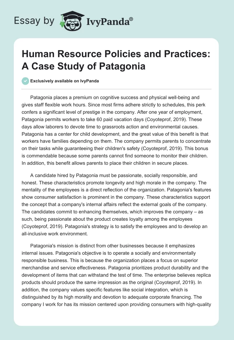 Human Resource Policies and Practices: A Case Study of Patagonia. Page 1