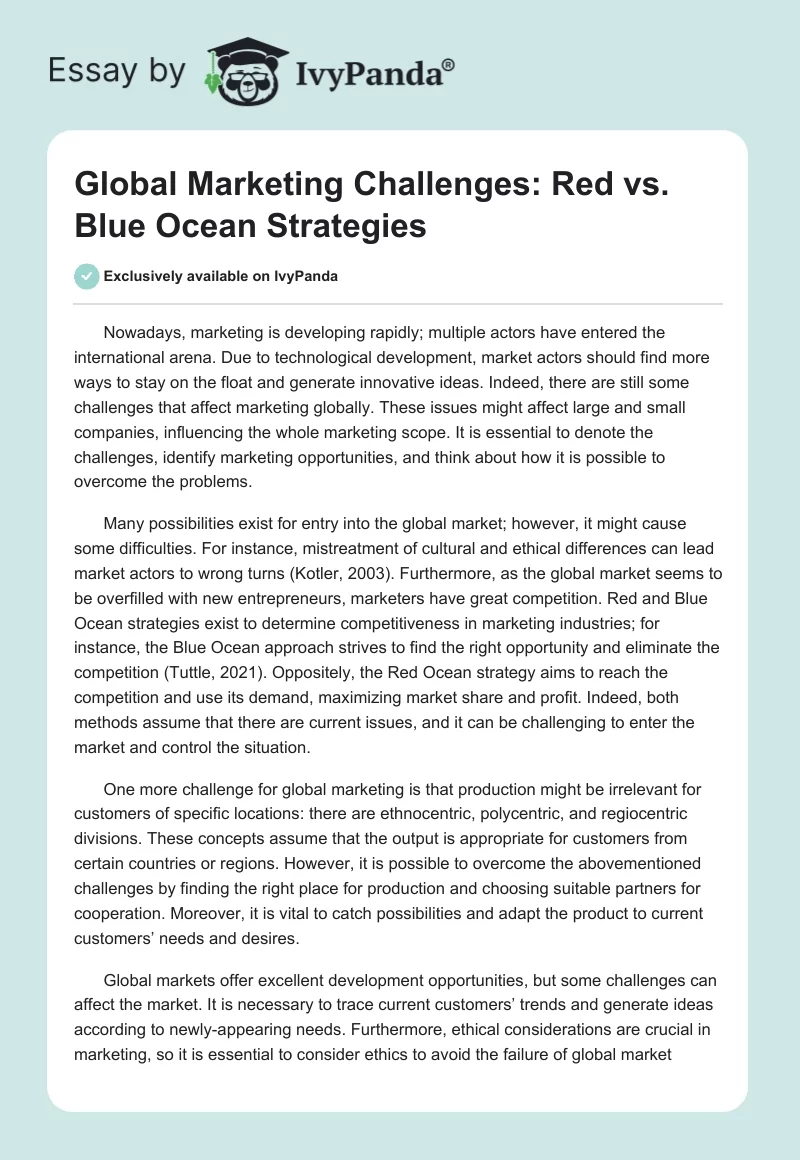 Global Marketing Challenges: Red vs. Blue Ocean Strategies. Page 1