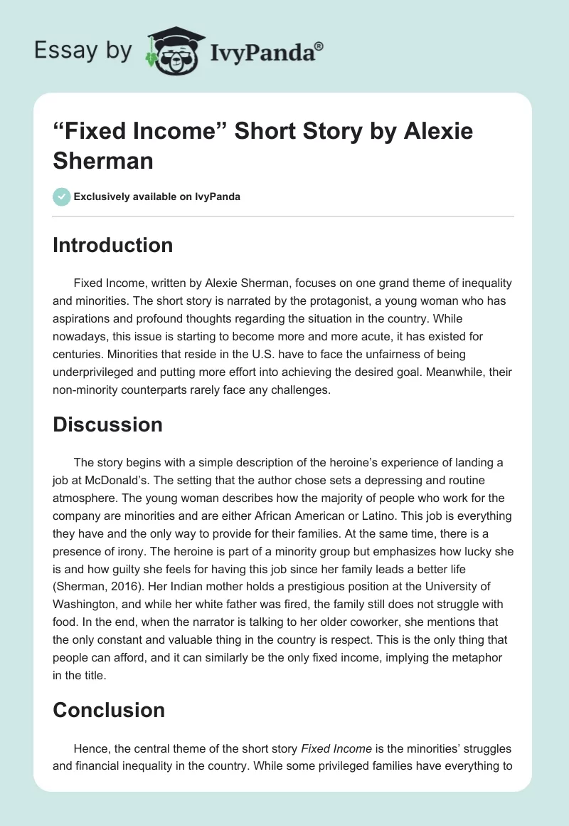“Fixed Income” Short Story by Alexie Sherman. Page 1