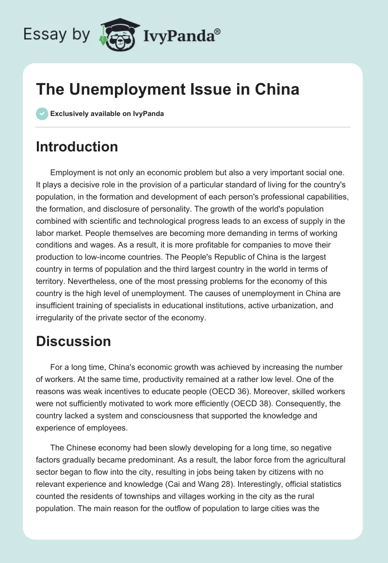 The Unemployment Issue in China. Page 1