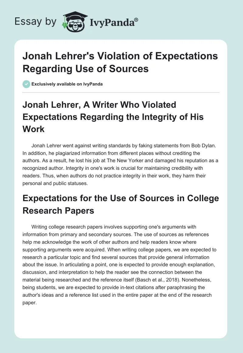 Jonah Lehrer's Violation of Expectations Regarding Use of Sources. Page 1