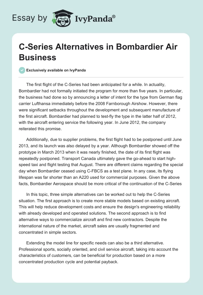C-Series Alternatives in Bombardier Air Business. Page 1
