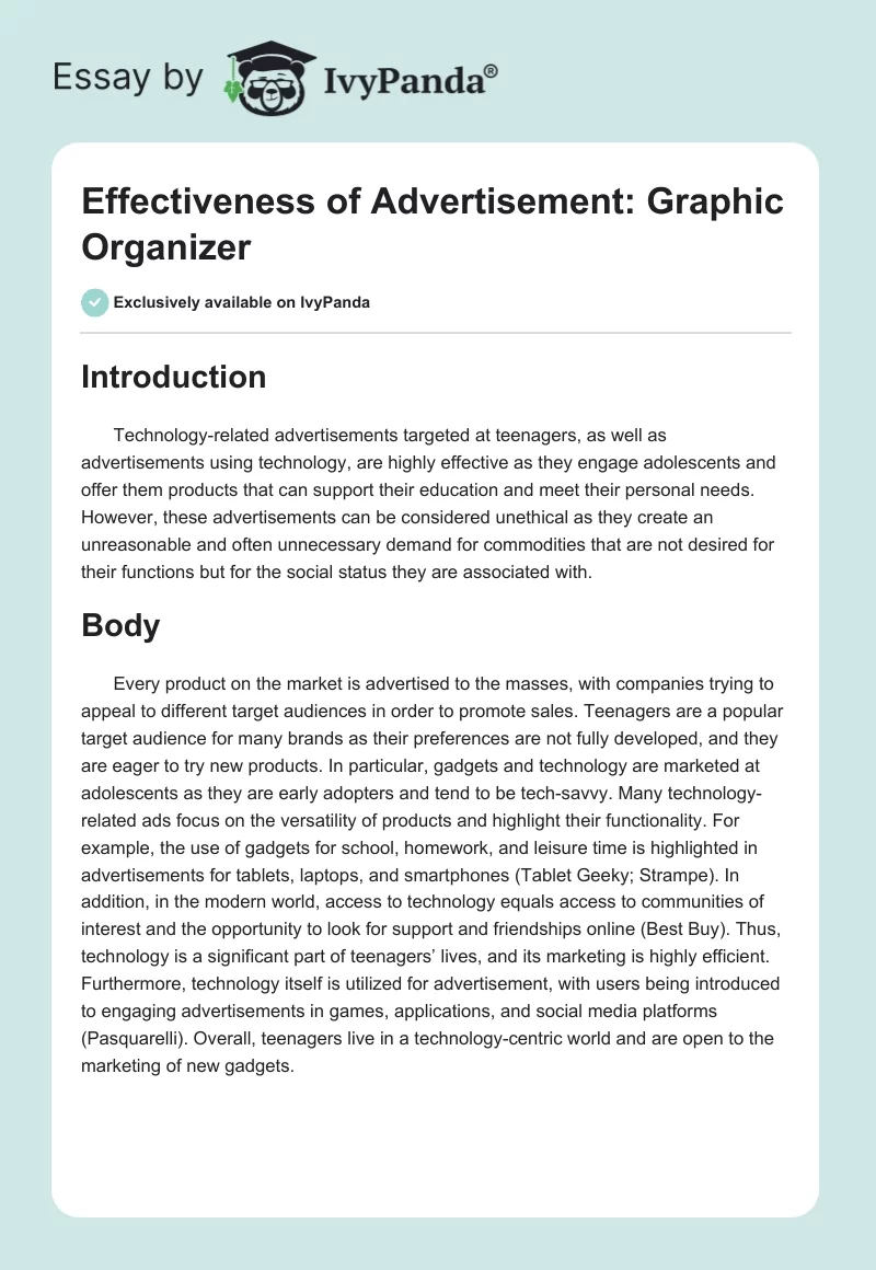 Effectiveness of Advertisement: Graphic Organizer. Page 1