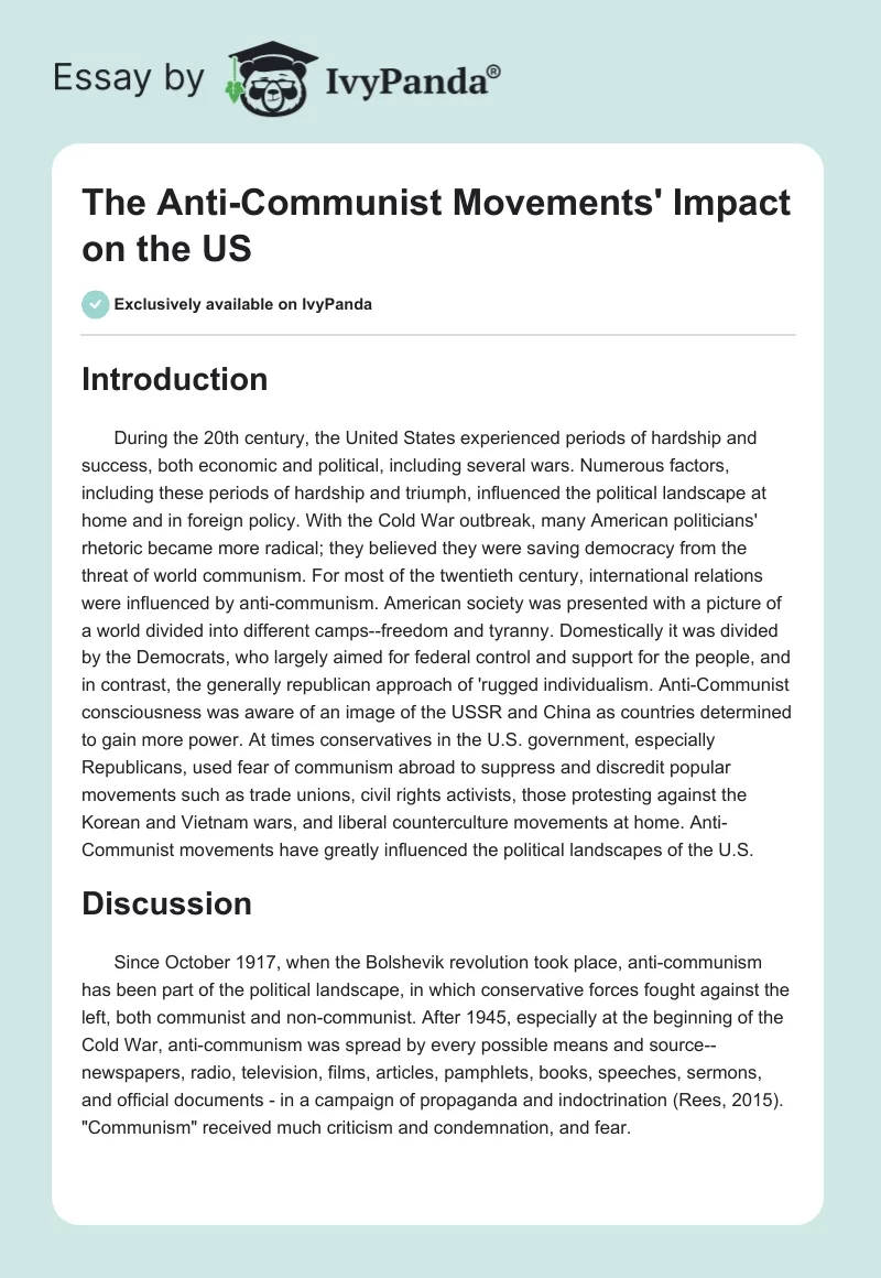 The Anti-Communist Movements' Impact on the US. Page 1