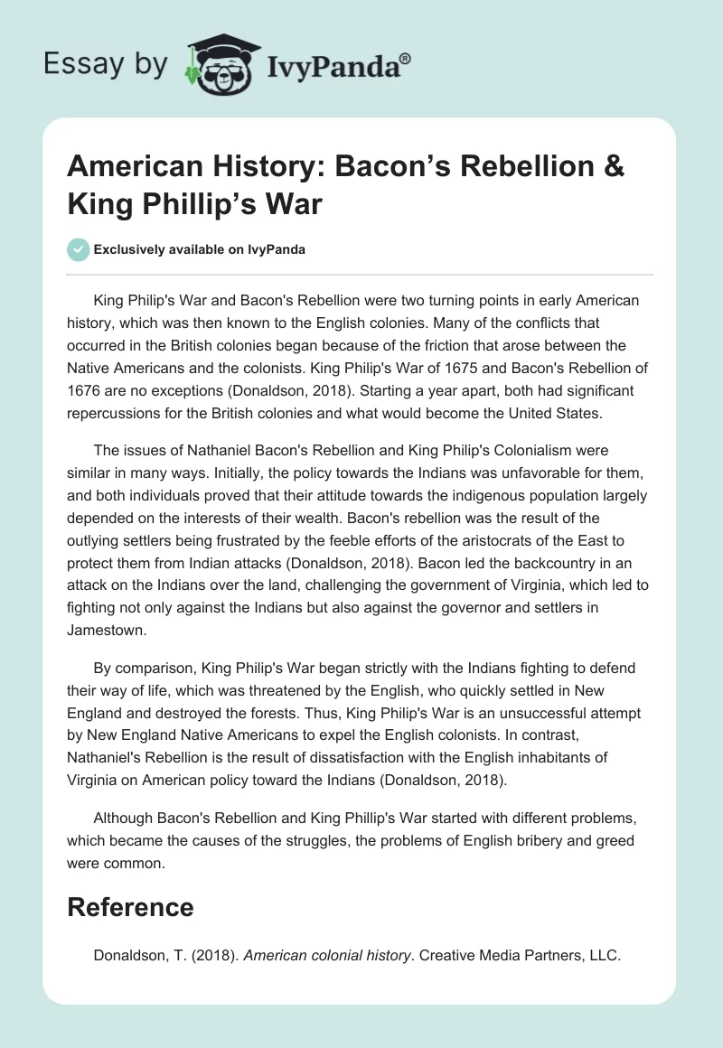 American History: Bacon’s Rebellion & King Phillip’s War. Page 1