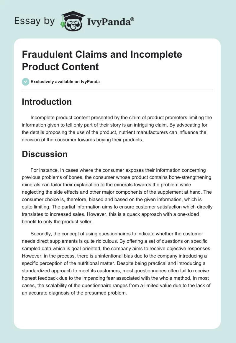 Fraudulent Claims and Incomplete Product Content. Page 1