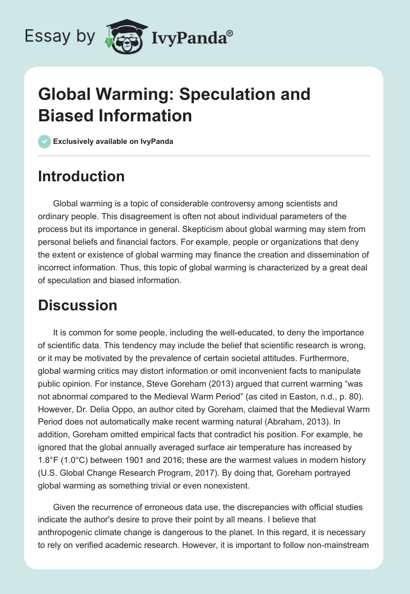 Global Warming: Speculation and Biased Information. Page 1