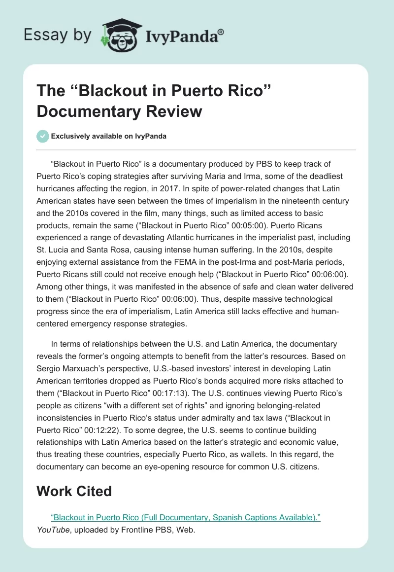 The “Blackout in Puerto Rico” Documentary Review. Page 1