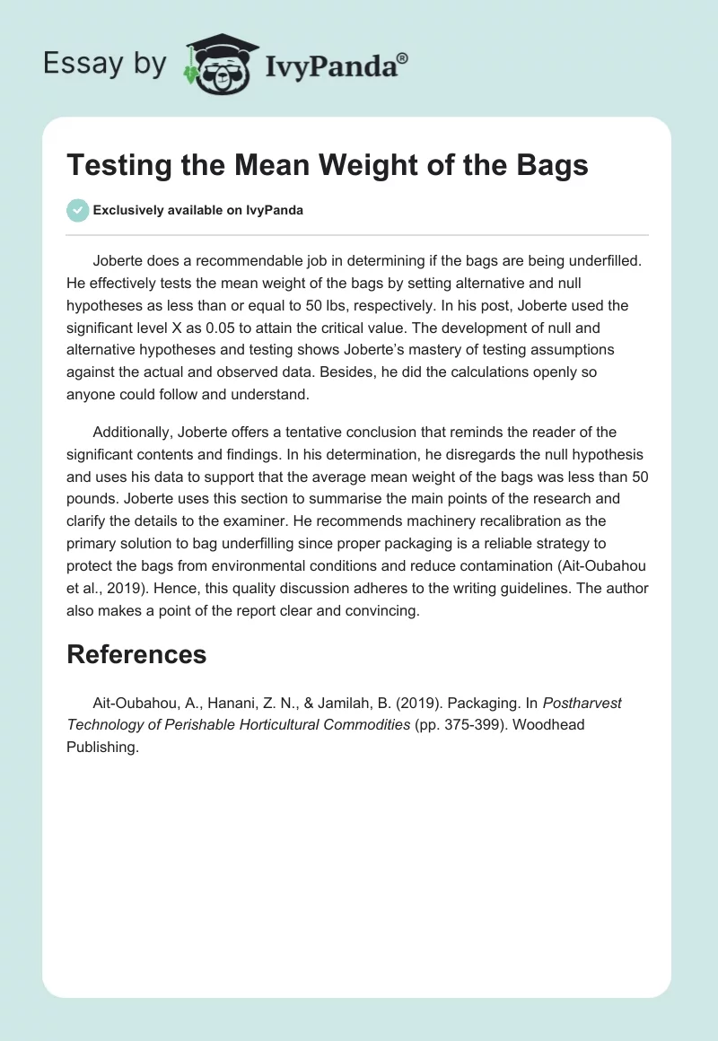 Testing the Mean Weight of the Bags. Page 1