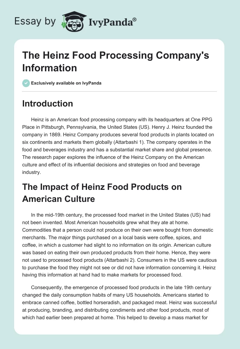 The Heinz Food Processing Company's Information. Page 1