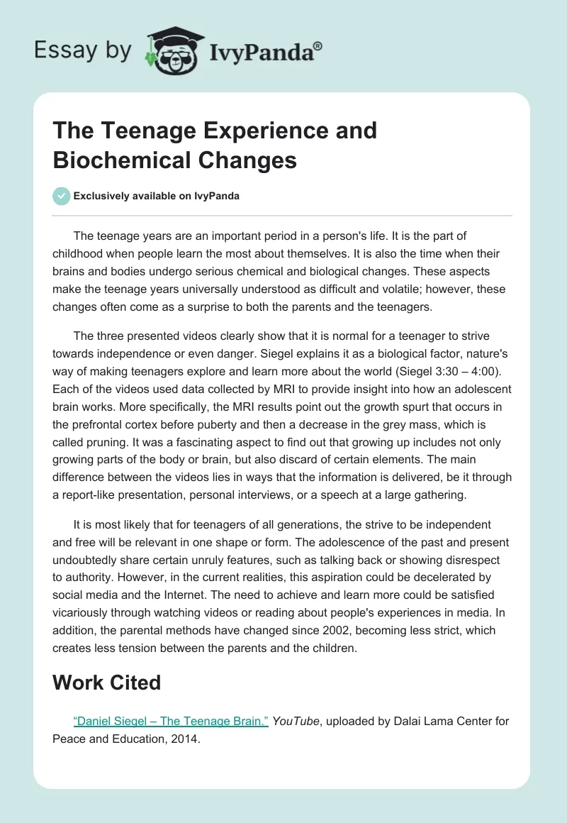 The Teenage Experience and Biochemical Changes. Page 1