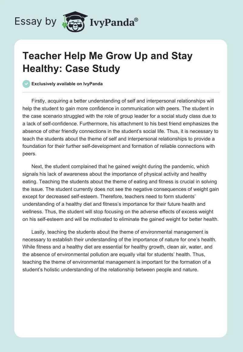 Teacher Help Me Grow Up and Stay Healthy: Case Study. Page 1