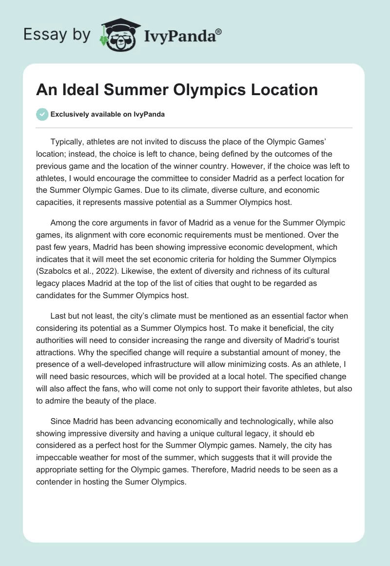 An Ideal Summer Olympics Location. Page 1