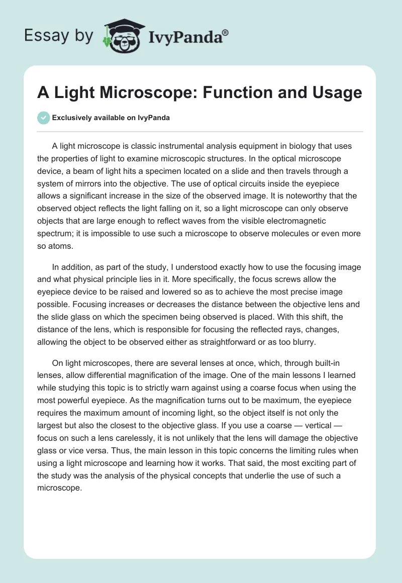 A Light Microscope: Function and Usage. Page 1