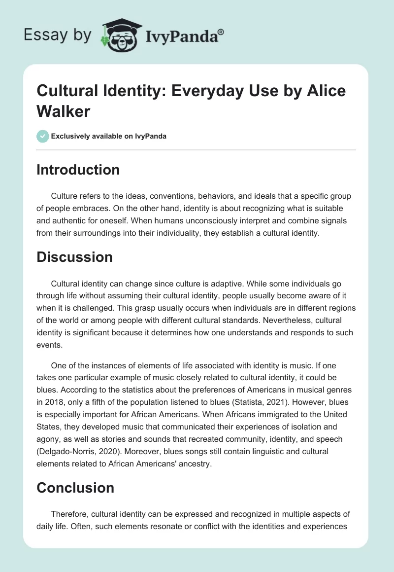 Cultural Identity: "Everyday Use" by Alice Walker. Page 1
