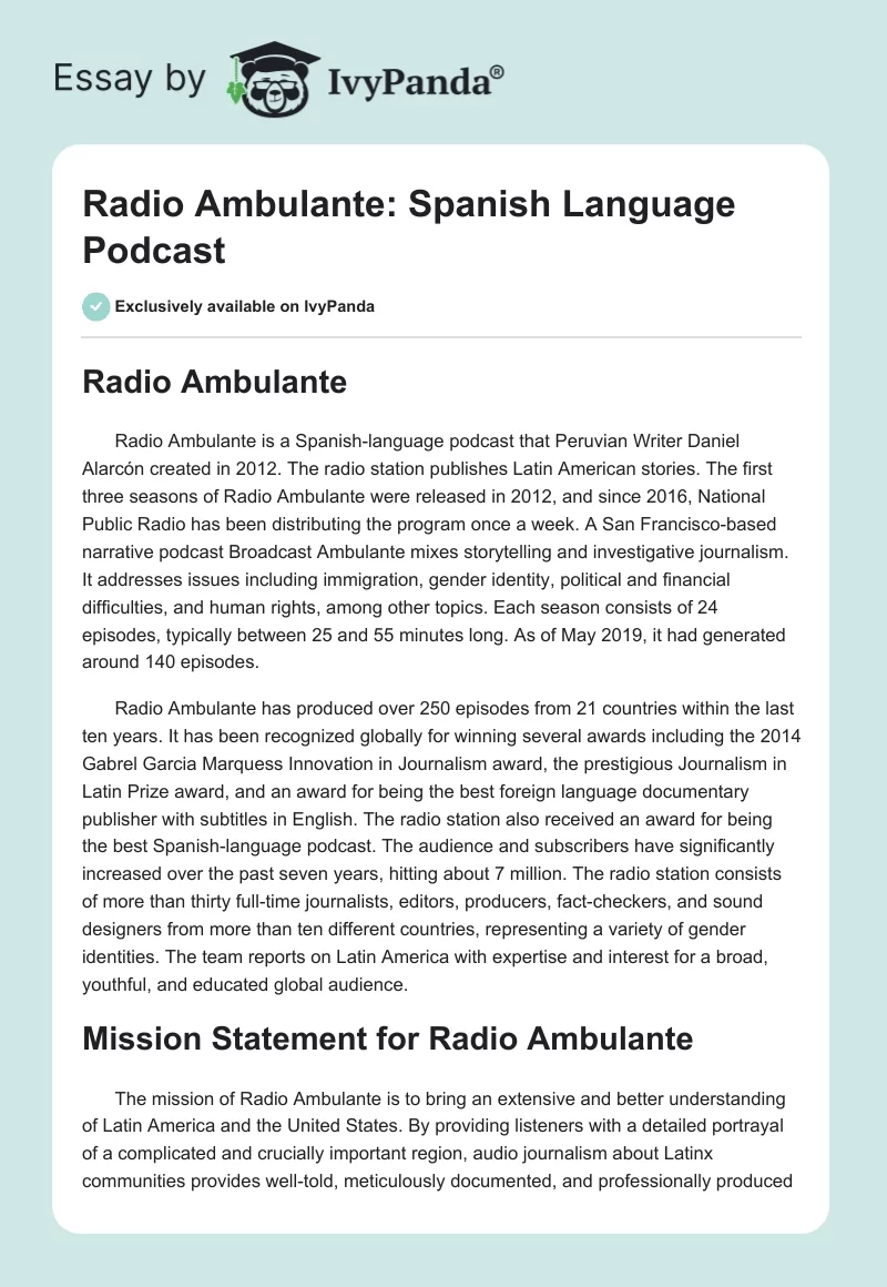 Radio Ambulante: Spanish Language Podcast. Page 1