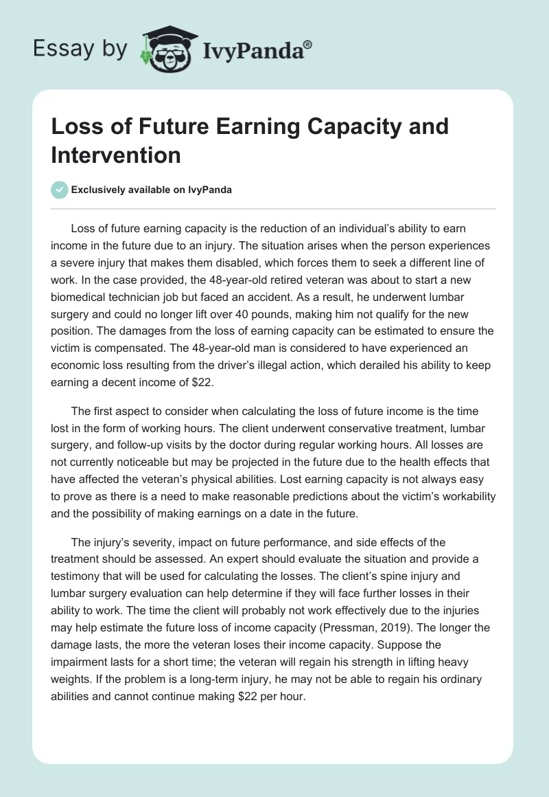 Loss of Future Earning Capacity and Intervention. Page 1