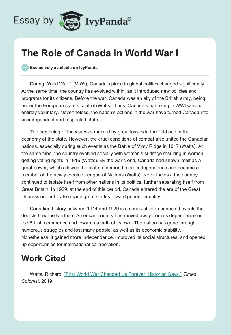 The Role of Canada in World War I. Page 1