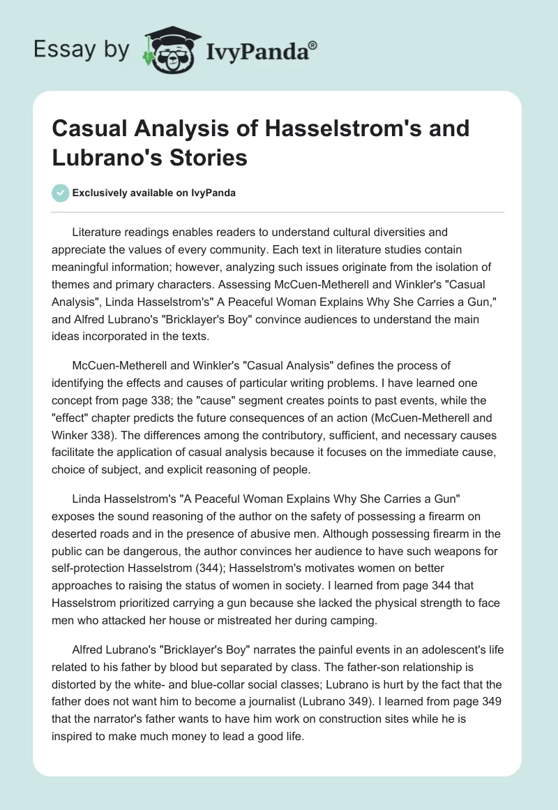 Casual Analysis of Hasselstrom's and Lubrano's Stories. Page 1