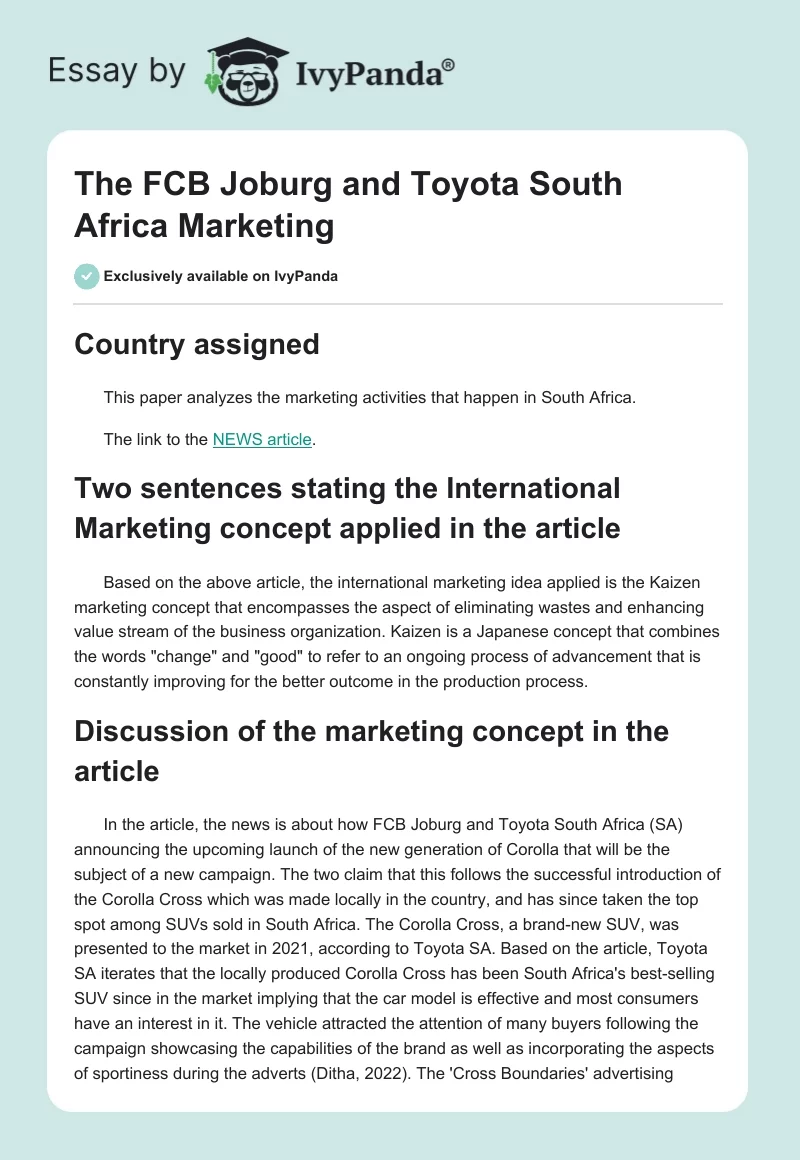 The FCB Joburg and Toyota South Africa Marketing. Page 1