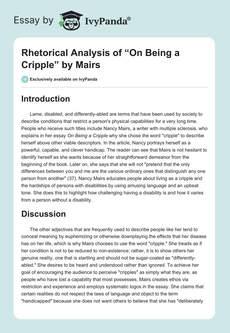 Rhetorical Analysis of “On Being a Cripple” by Mairs. Page 1