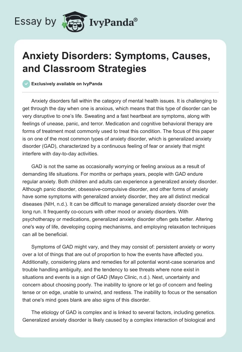 Anxiety Disorders: Symptoms, Causes, and Classroom Strategies. Page 1