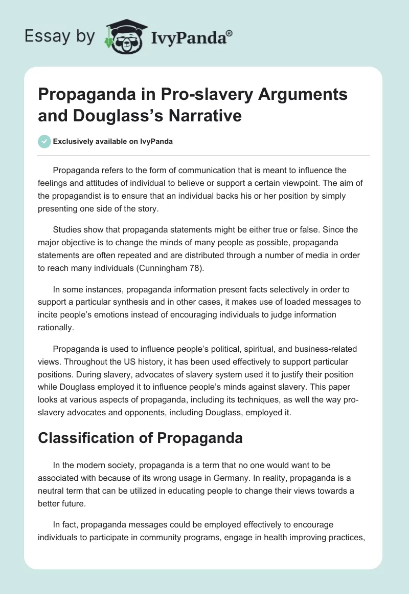 Propaganda in Pro-slavery Arguments and Douglass’s Narrative. Page 1