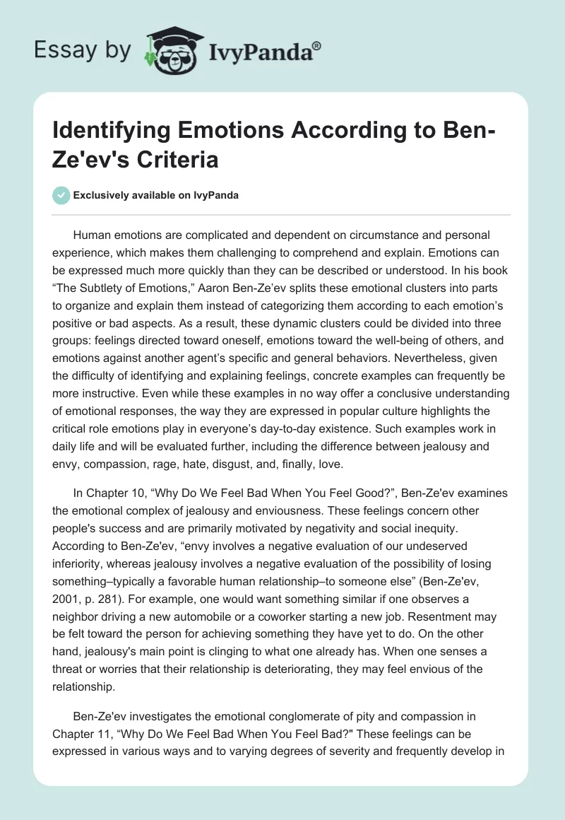 Identifying Emotions According to Ben-Ze'ev's Criteria. Page 1