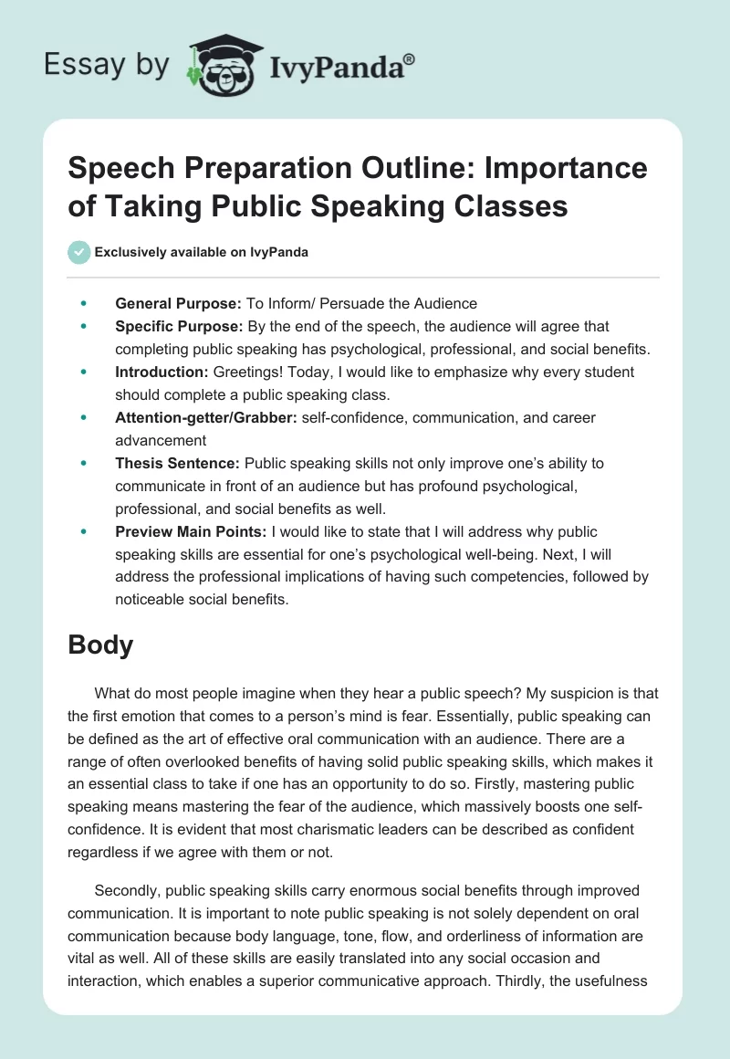 Speech Preparation Outline: Importance of Taking Public Speaking Classes. Page 1