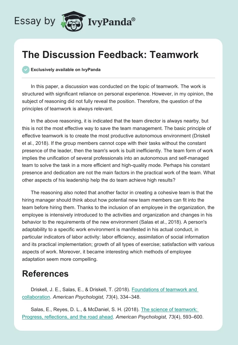 The Discussion Feedback: Teamwork. Page 1