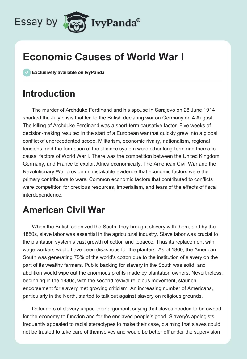 Economic Causes of World War I. Page 1